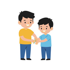 Brother tying Rakhi to his younger brother.