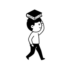 Cartoon Boy Walking With Book Balanced On Head.