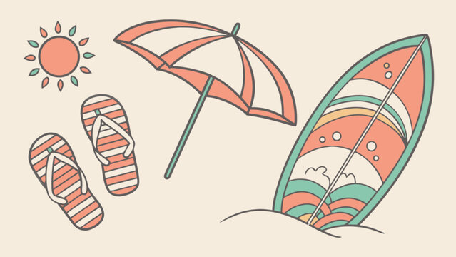 Summer beach vacation essentials vector illustration with surfboard, umbrella and flip flops for travel  planning