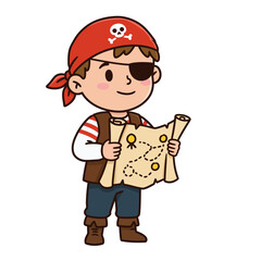 Cute Cartoon Pirate Boy Holding Treasure Map.