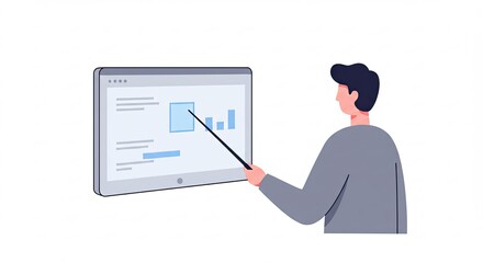 Man Presenting Blue Chart Graphics on Gray Tablet Device