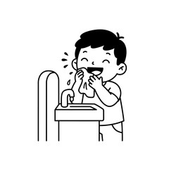 Happy Boy Drying Face with Towel at Sink.