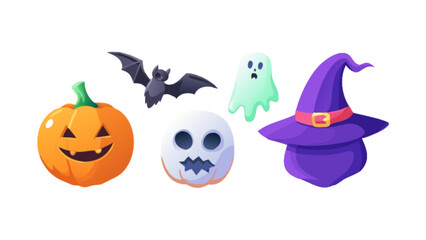 Obraz premium Halloween spooky vector illustration with pumpkin bat ghost skull and witch hat for halloween designs