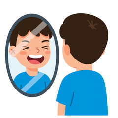 Joyful Boy Laughing at His Reflection in Mirror.