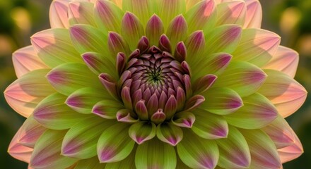 Close-up of a vibrant dahlia flower, lime green petals edged with magenta