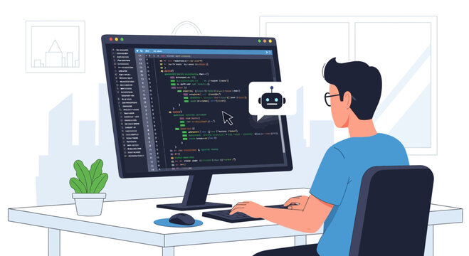 Developer Coding with Chatbot Support on Computer Screen at Home Office