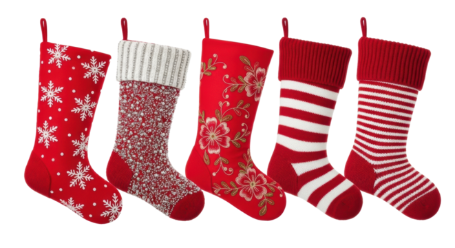 Six distinct, festive red and white Christmas stockings with unique snowflake, beaded, floral embroidered, and striped designs, neatly arranged on a transparent background. Holiday decoration concept