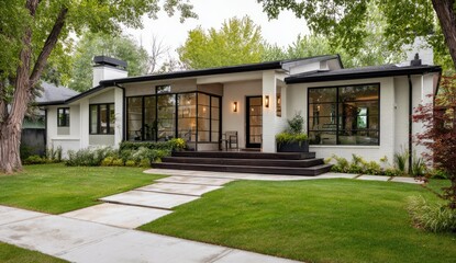 Modern white house, renovated, tree-lined street, suburban landscape, real estate listing