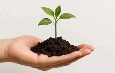 Sprout of a small plant in the hand.