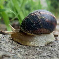 A snail crawls on a stone in the garden.