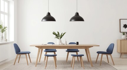 Interior design for dining room with velvet blue chairs, wooden table and vintage carpet on light gray background, Scandinavian style