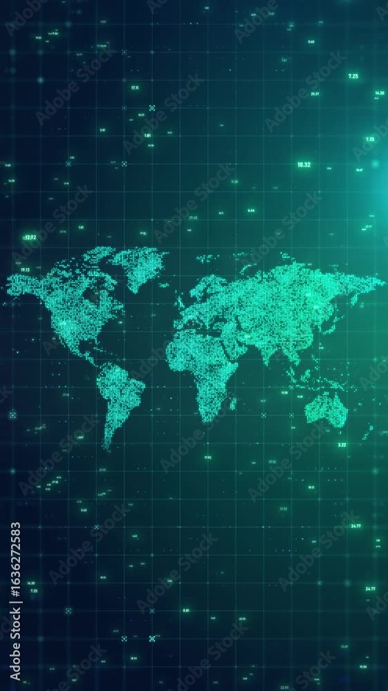 Wall mural futuristic digital world map grid animation with glowing green particles and data codes – global tec