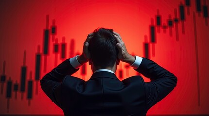 A stress man looking the various, declining stock market graphs on a red screen.