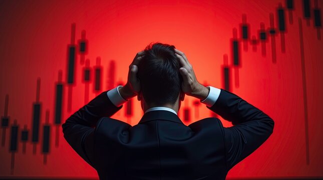 A stress man looking the various, declining stock market graphs on a red screen.