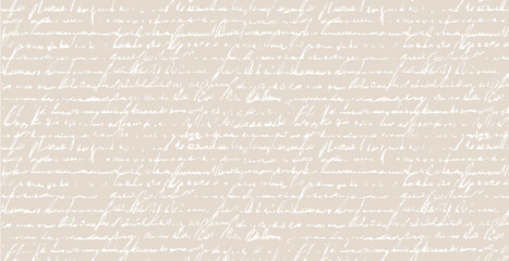 Seamless beige pattern of abstract illegible handwritten text. Vintage grunge bad calligraphy script, old book document. Vector illustration of monochrome unreadable handwriting cursive poetry 