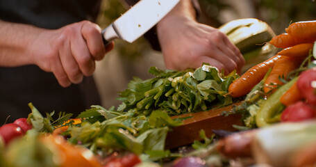 Chef cutting celery on wooden board with fresh vegetables