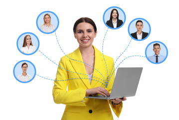 Recruiter with laptop looking for employee against white background. Photos of candidates around her. Human resources management