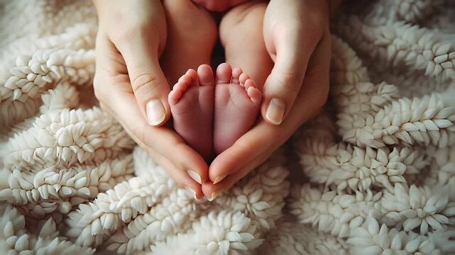 A closeup image of a persons hands gently cradling a newborn babys feet. The style is intimate and evokes a sense of warmth and love. The color palette is soft and muted.