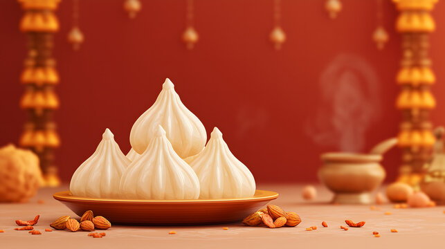 Illustration of Modaks on a plate on decorated background - Happy Ganesh Chathurthi