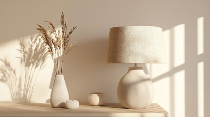 A photo-realistic scene featuring a ceramic base table lamp with a linen shade, enhancing a Scandinavian-inspired room with natural textures.