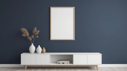 Poster with wooden Frame Mockup and Micro Component stereo System on white shelf, 3d rendering