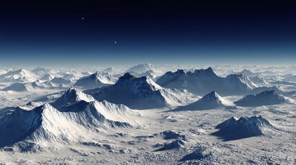 Obraz premium Serene snow-covered mountains under a vast, dark blue sky illuminated by distant celestial lights, evokes peace and untouched nature.