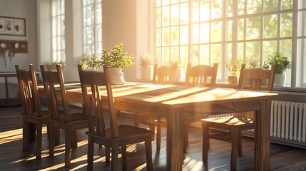 Fototapeta premium A cozy setup with traditional wooden dining chairs surrounding a farmhouse table, illuminated by warm sunlight streaming through windows.