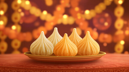Modaks decorated on a plate with festival lighting and rose petals on background - Happy Ganesh Chathurthi