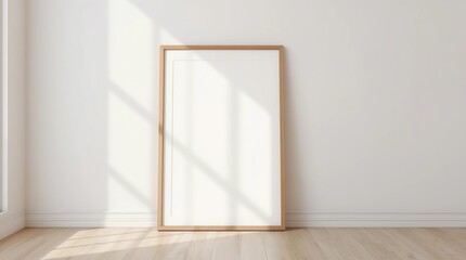 Poster with Wooden Frame Mockup standing on the floor. 3d rendering