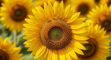 Fototapeta premium A vibrant yellow sunflower in full bloom, captured in a detailed close-up shot against a softly blurred field of sunflowers in the warm summer sun.