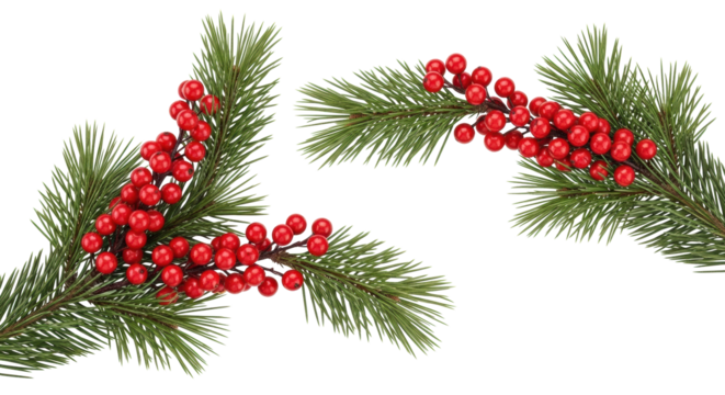Two perfectly preserved pine branches with deep forest-green needles and vibrant scarlet red, glossy berries, arranged as a festive border on a pristine, seamless, transparent void background. Concept