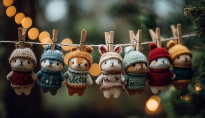 Adorable knitted animal ornaments in sweaters and hats hang on a string with wooden clothespins. Ideal for holiday decor, festive designs, or Christmas gift inspiration.