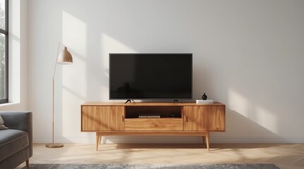 Smart Tv mockup standing on the modern furniture in living room