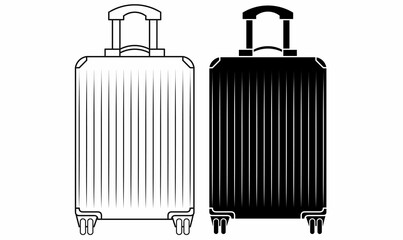 Vector icon of travel bag,hard shell rolling suitcases in black silhouette and outline styles. Travel luggage illustration for tourism, packing tips, booking apps, or vacation graphics.