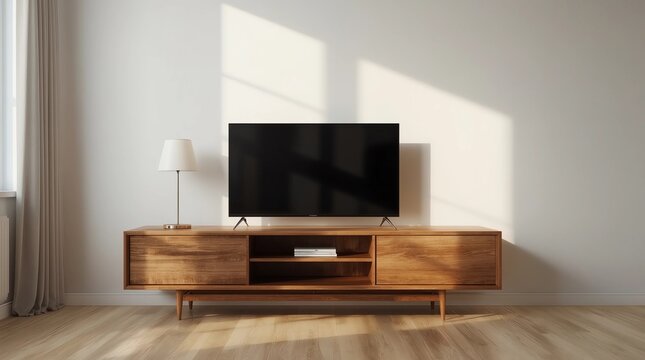 Smart Tv mockup standing on the modern furniture in living room