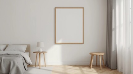 Fototapeta premium Horizontal blank poster frame mock up on the white wall in interior of modern bedroom