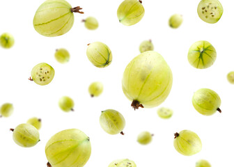 Fresh green gooseberries falling against white background