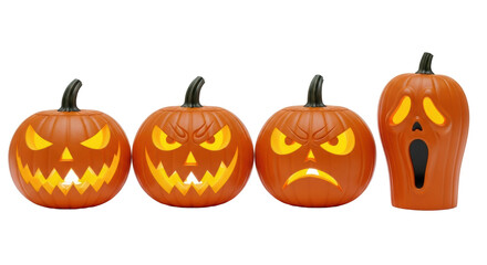 Four unique, menacing jack-o'-lanterns intricately carved from vibrant orange pumpkins, internally illuminated with an eerie warm glow, in a horizontal row on a transparent studio background with no