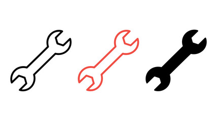 Naklejka premium Three Wrench Icons: Black, Red Outline, and Solid Black; Simple, Clean, and Versatile Tool Graphics for Website or App Design.