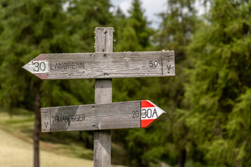 Wegweiser auf dem Salten in Südtirol Richtung Langfenn und Tomanegger