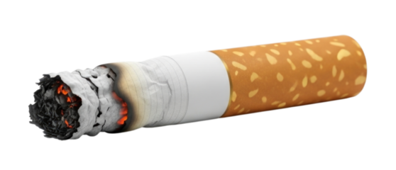 Realistic cigarette with burning tip and ash, transparent background, cutout PNG