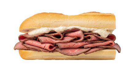 Roast beef sandwich on a fresh sub roll with creamy dressing for a delicious meal transparent background, cutout PNG