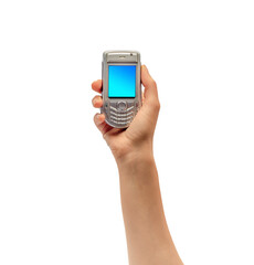 Female hand holds old mobile phone on white, isolated. People, technology, age. Business via phone