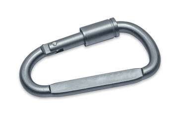 Metal carabiner. Carabiner key ring isolated on white background. Accessory for attaching keys.