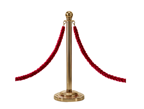  Front View of Shiny Golden Post Stanchion with Vibrant Red Velvet Rope Isolated on Transparent Background. 