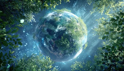 Earth, forest canopy, night sky, glowing planet, environmental poster