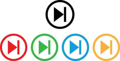 Colorful skip button icon set in five colors . Forward button icon . Media control button icon . Vector illustration