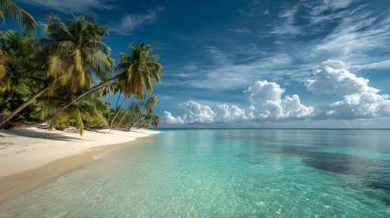 Naklejka premium Paradise tropical beach scene. Tropical beach with clear turquoise water, a sandy shore, and palm trees. Tropical beach with palm trees. Maldives, Caribbean Island beach shore