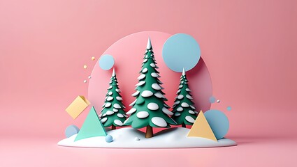 Three christmas trees with geometric shapes on a pink background for holiday season