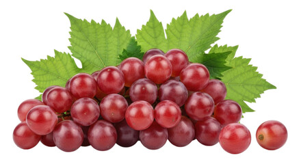 Obraz premium Fresh red grapes with green leaves arranged artistically on a transparent background, cutout PNG